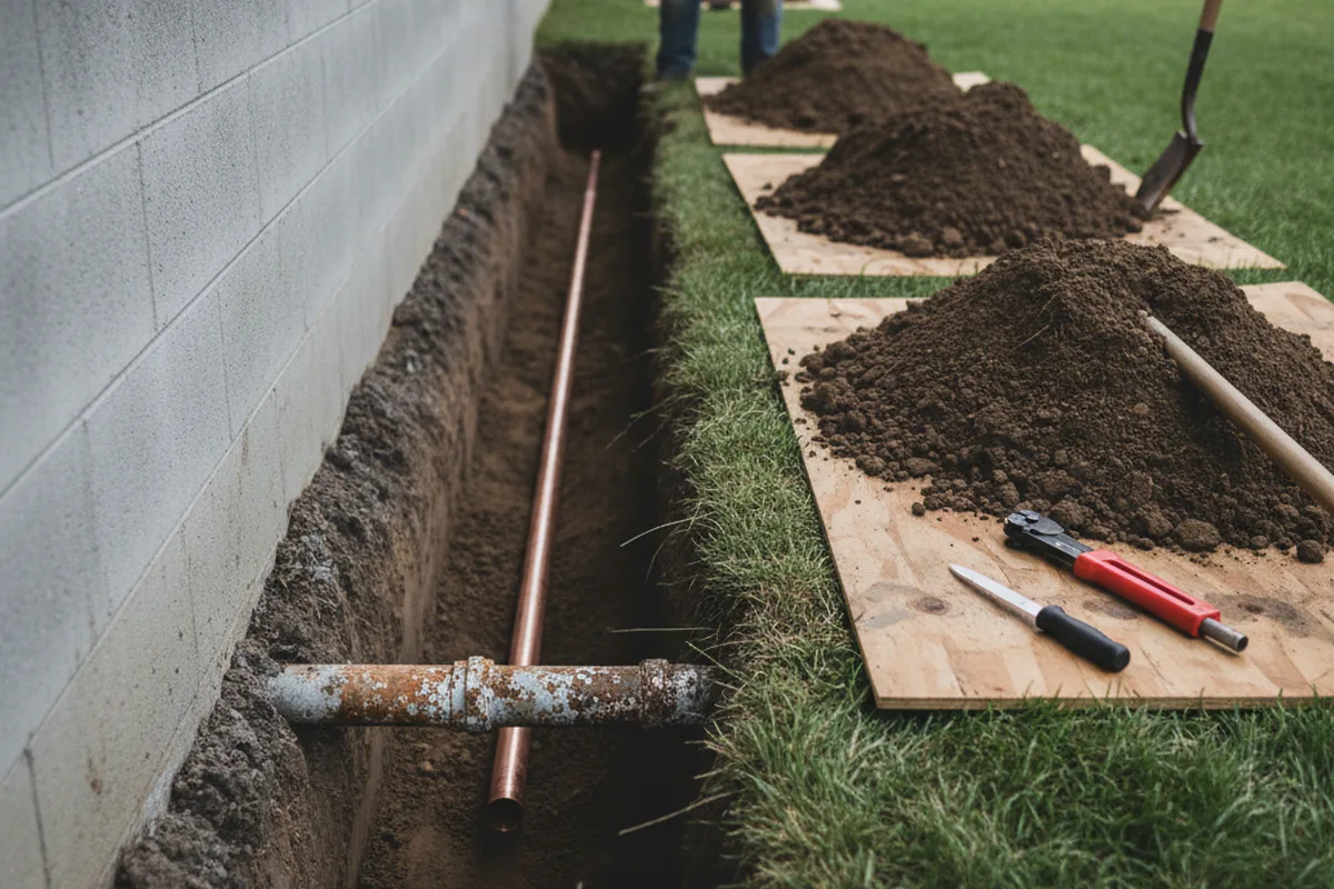Excavated water line trench during Water Softener Installation in Middleton